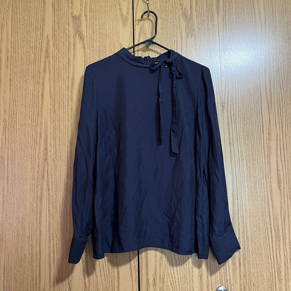 Boden Silk Blend Neck Tie Women’s 14 Navy Long Sleeve Blouse Shirt